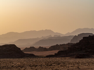 Wadi Rum desert sunset, aka Valley of the Moon, dawn Jordan, Middle East