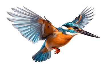 Ethereal Flight: Captivating Kingfisher Bird in Soaring Stance Isolated on Transparent Background PNG.