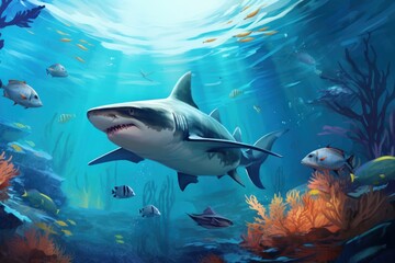 Great White Shark swims in the ocean near the reef. undersea world. - obrazy, fototapety, plakaty