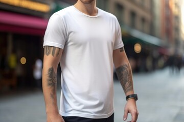 Fototapeta premium Close-up of a man in a blank t-shirt standing outside with a modern urban background mockup