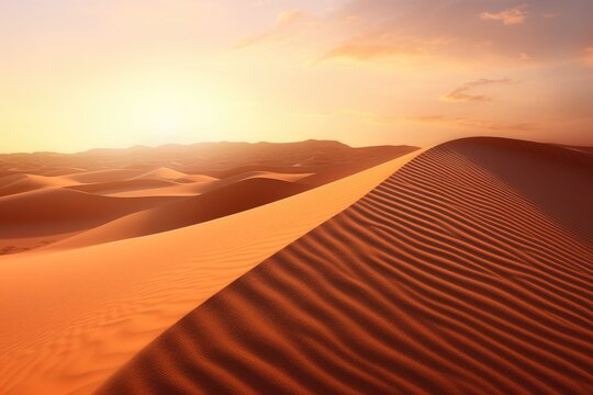 Vast desert landscape bathed in the golden light of sunset, with rolling sand dunes creating a tranquil and majestic scene © ChaoticMind