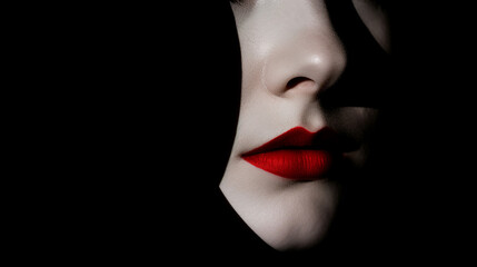 Closeup of pale white face of a woman with moist red lips emerging out of the black shadows