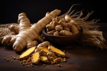 Whole and diced ginger root displayed on a wooden table, showcasing the raw spice's texture and color