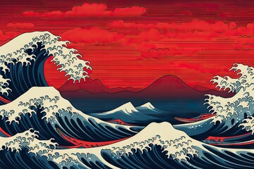 Japanese  blue ocean wave and red mountains on background. Asia and oriental traditional line art design. Traditional Japanese wave for wall arts, prints and home decoration