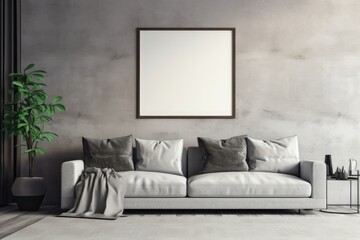 Stylish living room setup with a comfortable couch, potted plant, and a blank frame on a clean wall Mock Up