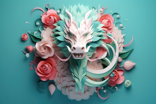 Paper dragon with flowers isolated on light blue background. Paper craft, paper quilling. The year of the Dragon in China and Eastern Asia. One of the Chinese zodiac signs. New Year of the Dragon 2024