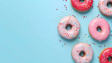 Vibrant pink and blue frosted donuts with red heart confetti on pastel blue background