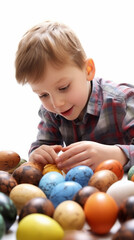 Fototapeta na wymiar 16:9 or 9:16 Cute boy playing with eggs on Easter day.for backgrounds screens greeting card or other High quality printing projects.