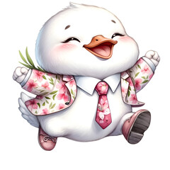 Watercolor illustration of a cute baby chubby Swan bird character in a cute pink flowers pattern suit and tie, radiating happiness and cheerfulness.