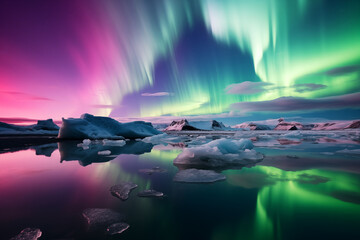 Colorful Northern lights on icelandic glacier lagoon with icebergs, Aurora Borealis landscape in winter, inspired by Iceland - obrazy, fototapety, plakaty