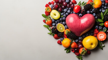 Naklejka na ściany i meble heart shape by various vegetables and fruits on white stone background