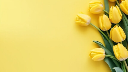 yellow tulips on a color background, top view, spring bouquet - obrazy, fototapety, plakaty