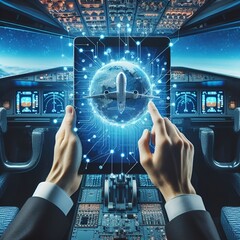 businessman touching screen with aircraft icons in airplane cockpit, smart industry technology concept  - obrazy, fototapety, plakaty