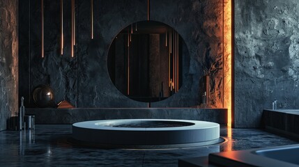 3d render interior minimalism with round podium placed in front of a black wall surround cyberpunk neon wall studio.