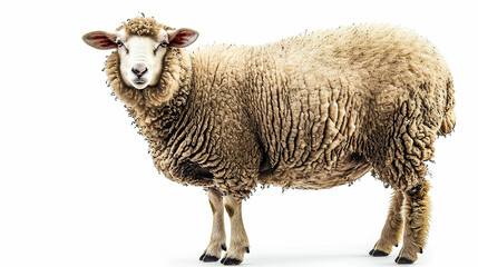 Fototapeta premium domestic sheep stands in front on white background. Made with generative ai