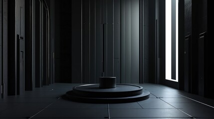 3d render interior minimalism with round podium placed in front of a black wall surround cyberpunk neon wall studio.