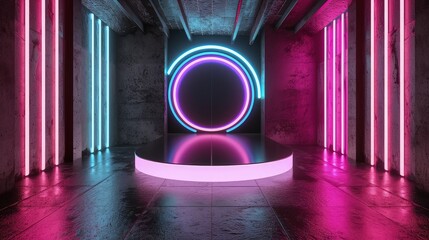 3d render interior minimalism with round podium placed in front of a black wall surround cyberpunk neon wall studio.