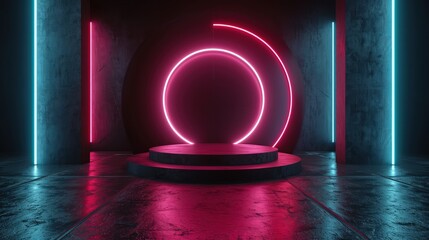3d render interior minimalism with round podium placed in front of a black wall surround cyberpunk neon wall studio.
