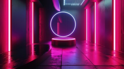 3d render interior minimalism with round podium placed in front of a black wall surround cyberpunk neon wall studio.
