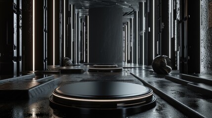 3d render interior minimalism with round podium placed in front of a black wall surround cyberpunk neon wall studio.