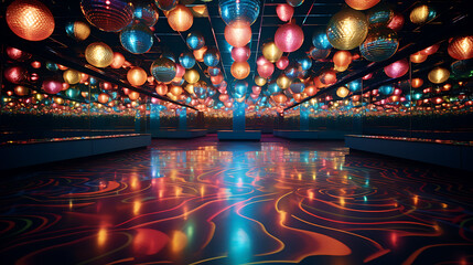 A  disco dance floor with glittering lights, mirrored balls, 
