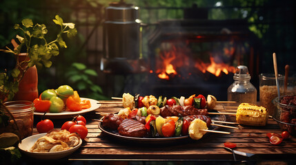 A backyard barbecue scene with a grill, skewers of kebabs, and an array of barbecue sauces,...
