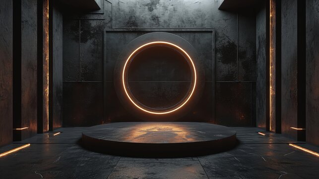 3d render interior minimalism with round podium placed in front of a black wall surround cyberpunk neon wall studio.
