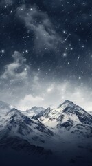 Majestic snow-covered mountains under a starlit sky with drifting clouds.