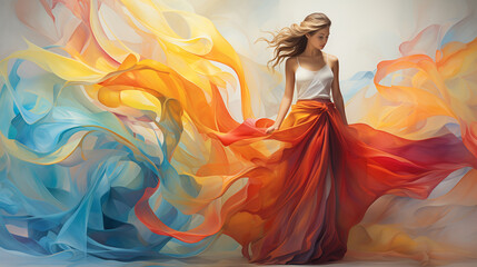 girl in a dress made of abstract colored waves