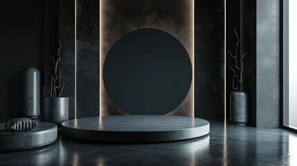 3d render interior minimalism with round podium placed in front of a black wall surround cyberpunk neon wall studio.