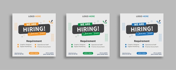 We are hiring job vacancy social media post or square web banner template vector design