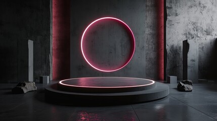 3d render interior minimalism with round podium placed in front of a black wall surround cyberpunk neon wall studio.