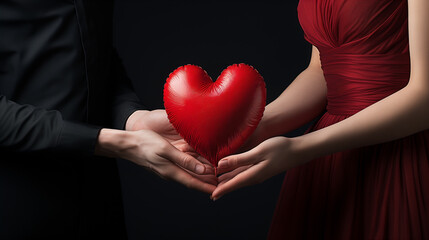 man and woman in love holding a red heart in their hands