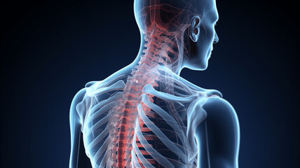 3D Illustration of sacral and cervical pain 3D illustration of neck pain cervical spine skeleton