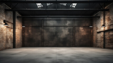 Industrial loft style empty old warehouse interior,brick wall - obrazy, fototapety, plakaty