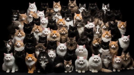 Many Cats sitting in a row. Cats crowd.