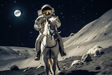An astronaut in full space suit riding a white horse against the stark lunar landscape with Earth in the background, blending fantasy and space exploration
