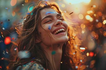 A cheerful woman with sunglasses and a hat, covered in sparkles, laughs as she is surrounded by colorful confetti, capturing the spirit of celebration - obrazy, fototapety, plakaty
