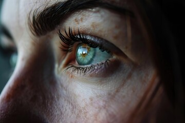 An extreme close-up of a woman's eye, highlighting the vivid colors and reflection, capturing a moment of intense emotion and depth