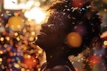 A cheerful black woman with sunglasses and a hat, covered in sparkles, laughs as she is surrounded by colorful confetti, capturing the spirit of celebration