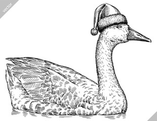 Vintage engraving isolated duck set dressed christmas illustration goose ink santa costume sketch. Farm bird background silhouette geese new year hat art. Black and white hand drawn vector image