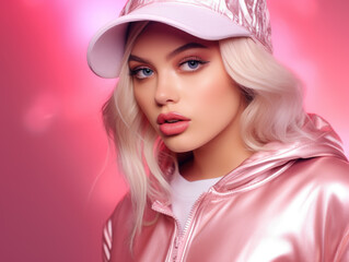 Obraz na płótnie Canvas A stylish woman in a glossy pink jacket and cap against a vibrant pink backdrop.