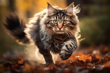 Naklejka na ściany i meble A Maine Coon cat strides through a bed of autumn leaves, its fur illuminated by soft sunlight, capturing the essence of fall