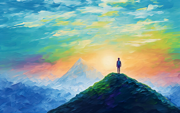 Colorful Painting Of People On Cliff Or Mountain Peak.competition And Success Concepts.book Or Banner Cover Background.vision Of Mision And Goal Ideas.