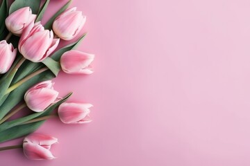 A flat lay composition of pink tulips arranged on a soft pink backdrop background
