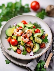 Salad of avocado, cucumber, tomatoes and shrimp on a white plate on a blurred background.