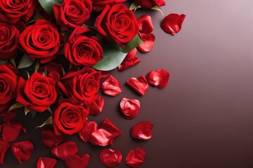 A luxurious flat lay arrangement of vivid red roses and glittering hearts on a solid color background for Valentines day