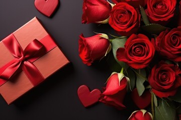 A luxurious flat lay arrangement of vivid red roses and glittering hearts on a solid color background for Valentines day