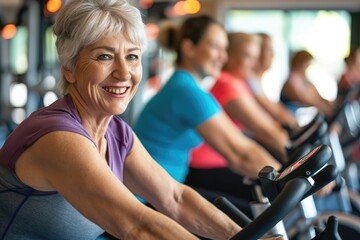 Active senior women with joyful expressions exercising on stationary bikes in a fitness center