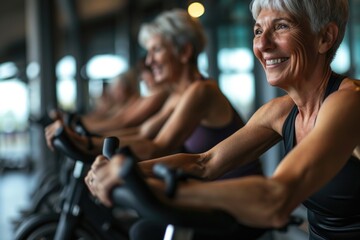 Fototapeta na wymiar Active senior women with joyful expressions exercising on stationary bikes in a fitness center